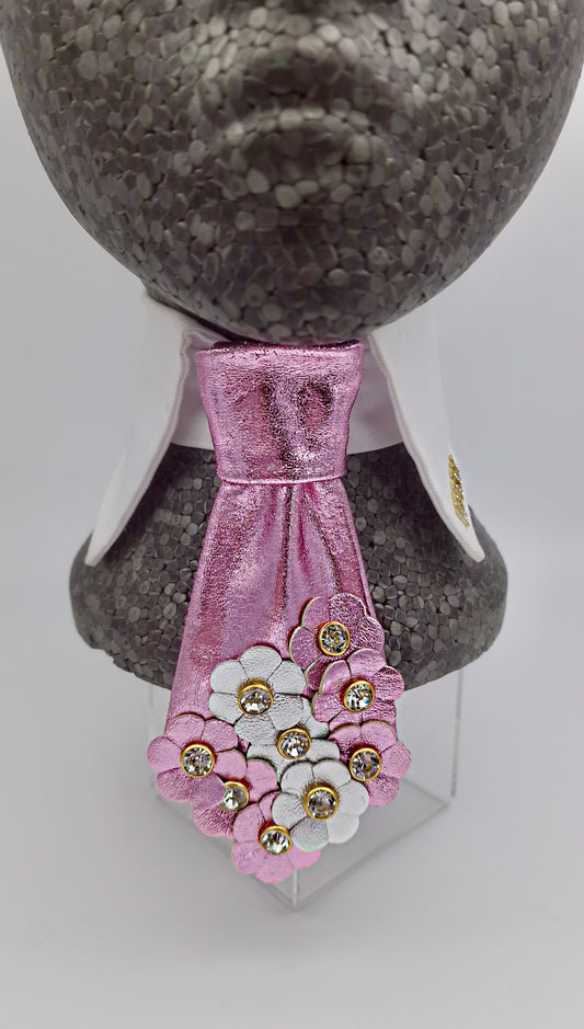 Pink metallic leather collar and tie - Limited Edition