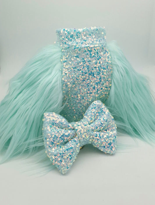 Mint fur and sequin sweater and bow set