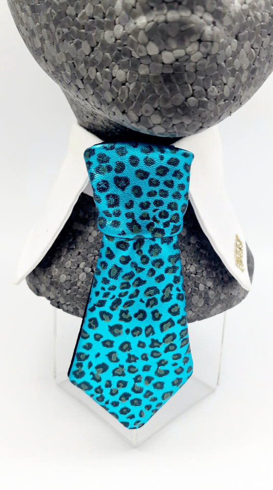 Cheetah lambskin collar and tie - dusky pink and turquoise