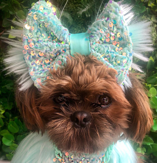 Mint sequin and fur bow